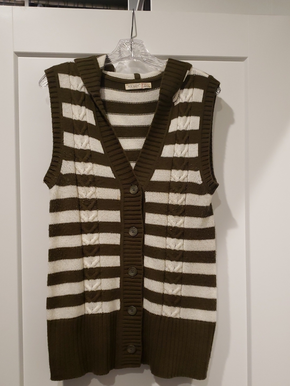 Old Navy Striped Cable-Knit Sleeveless Cardigan Vest - Green & Cream